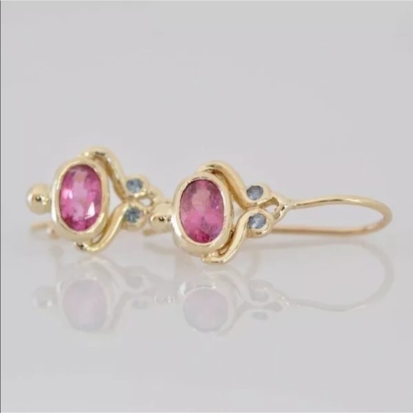 🌸Pink & Blue Topaz Owl Earrings in 14k Gold Plate - Picture 3 of 6